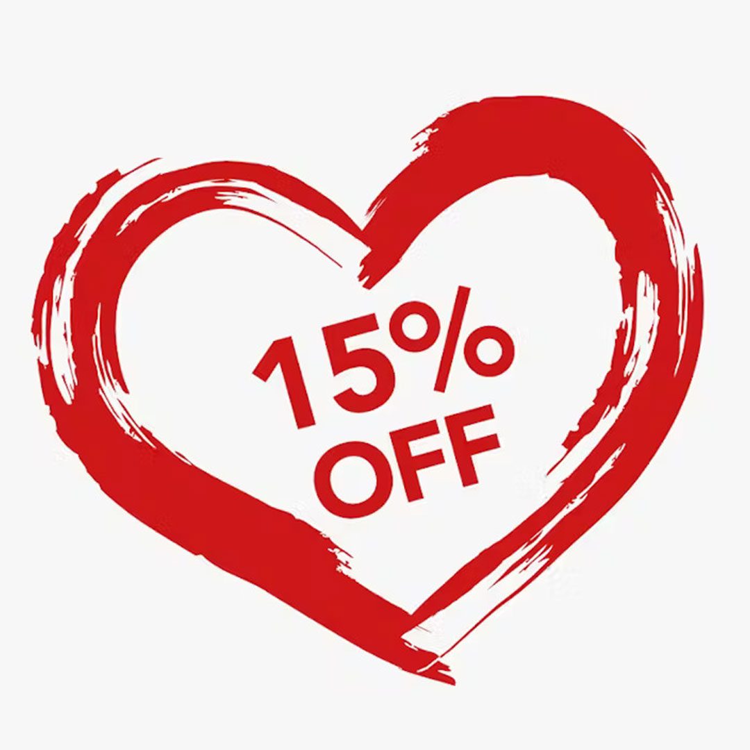 Red heart with 15% off text