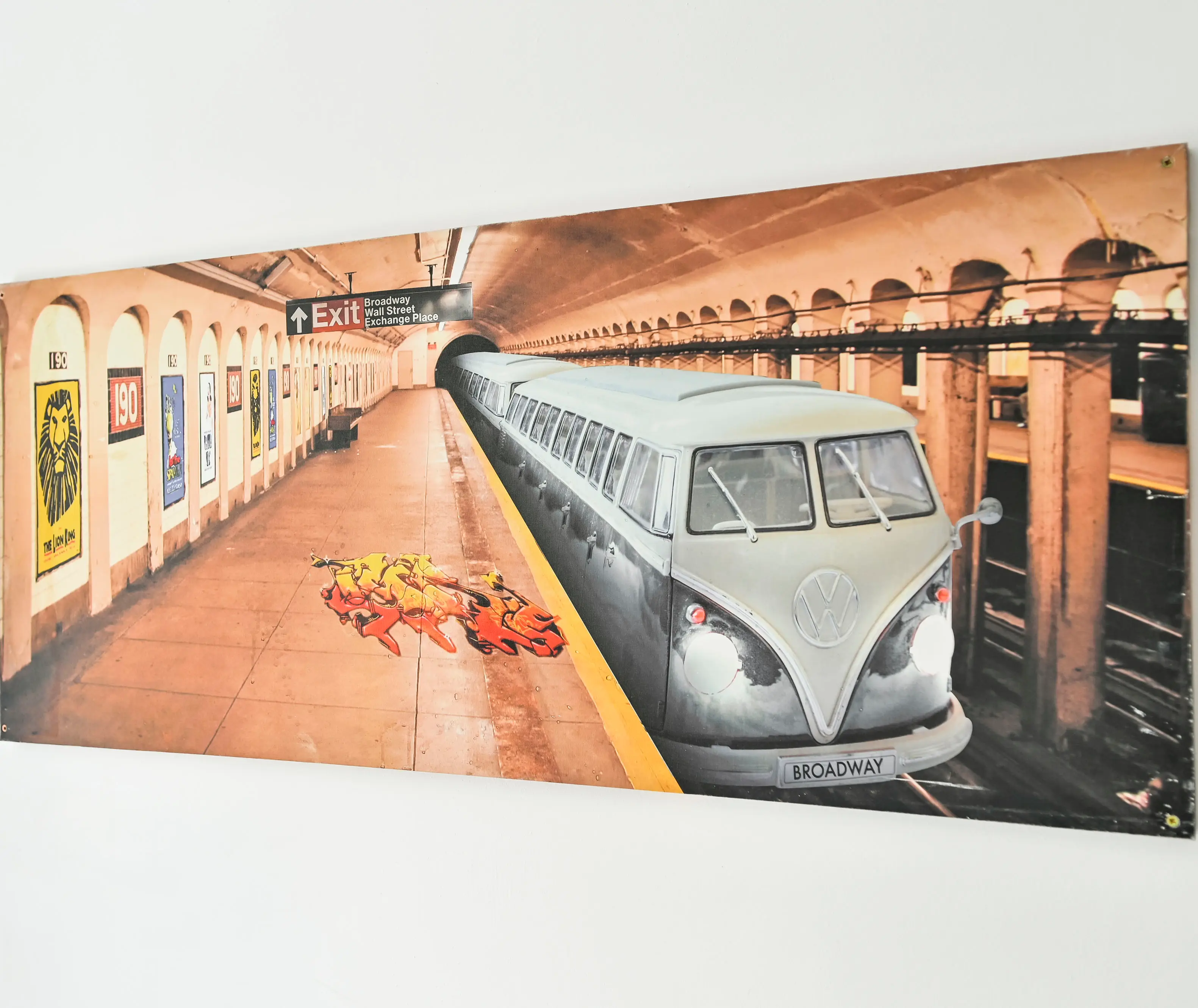 Art depicting a van in subway station.